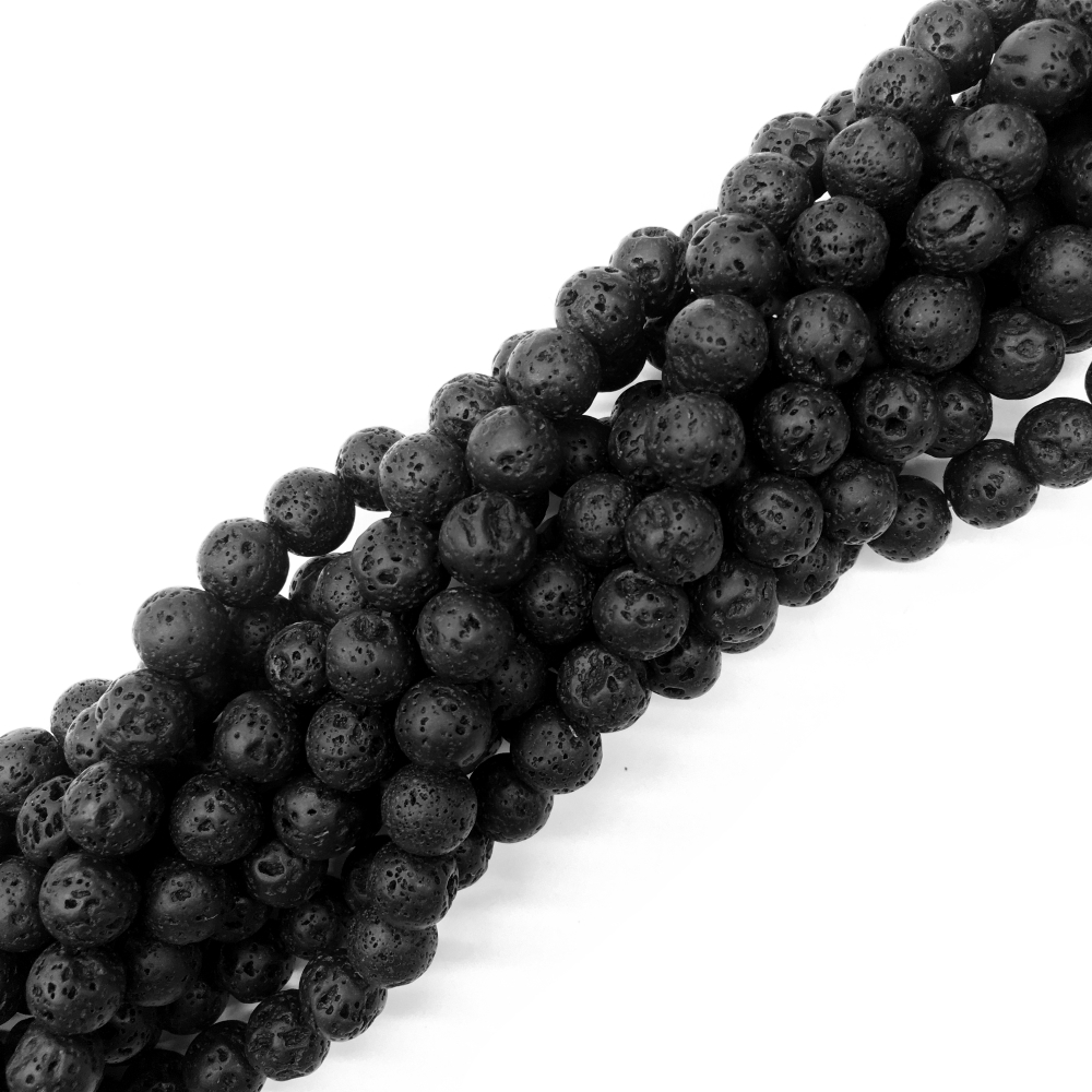 8mm Round, Natural Black Lava Beads, Volcanic Rock (16