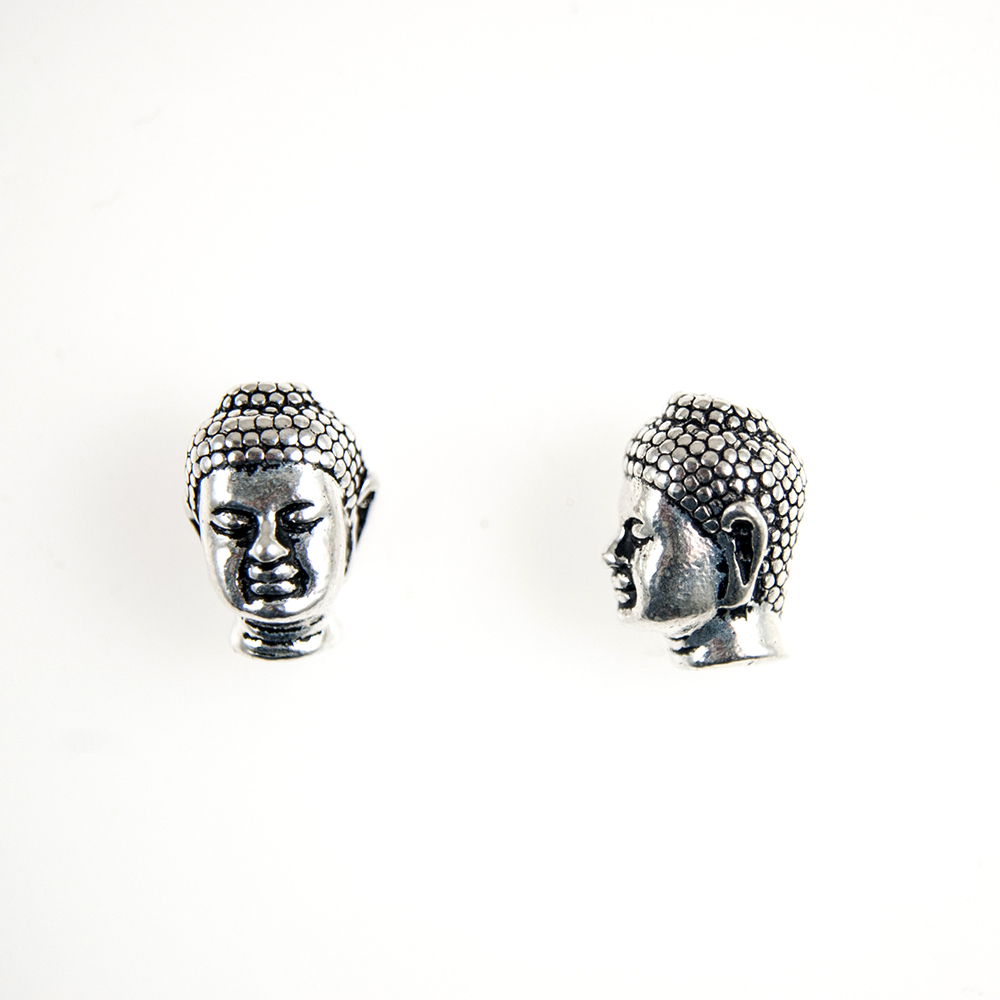Buddha Head Beads - Antique Silver Plate - 9.5 x 13mm, 2.5mm Hole - (3 Pieces)
