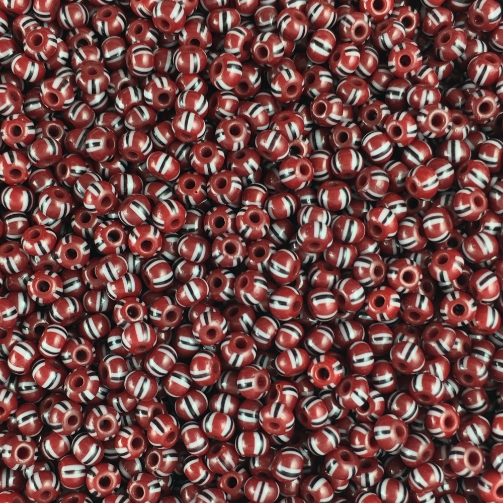 Round Seed Beads, Glass, Size 8/0, Red with Black & White Stripes, Approx. 1/2 LB (250 Grams)