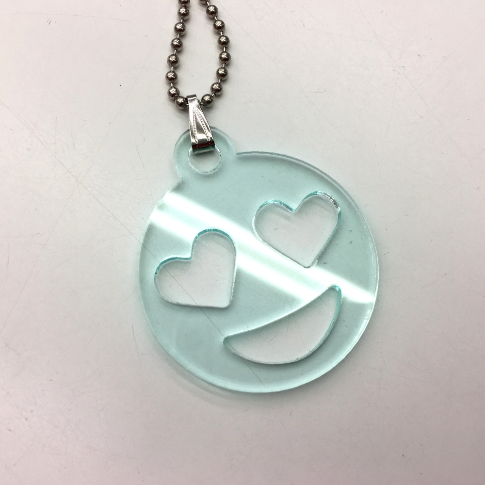 Acrylic Pendant, Green Tint, Smiling Emoji w/ Heart Eyes (Each)