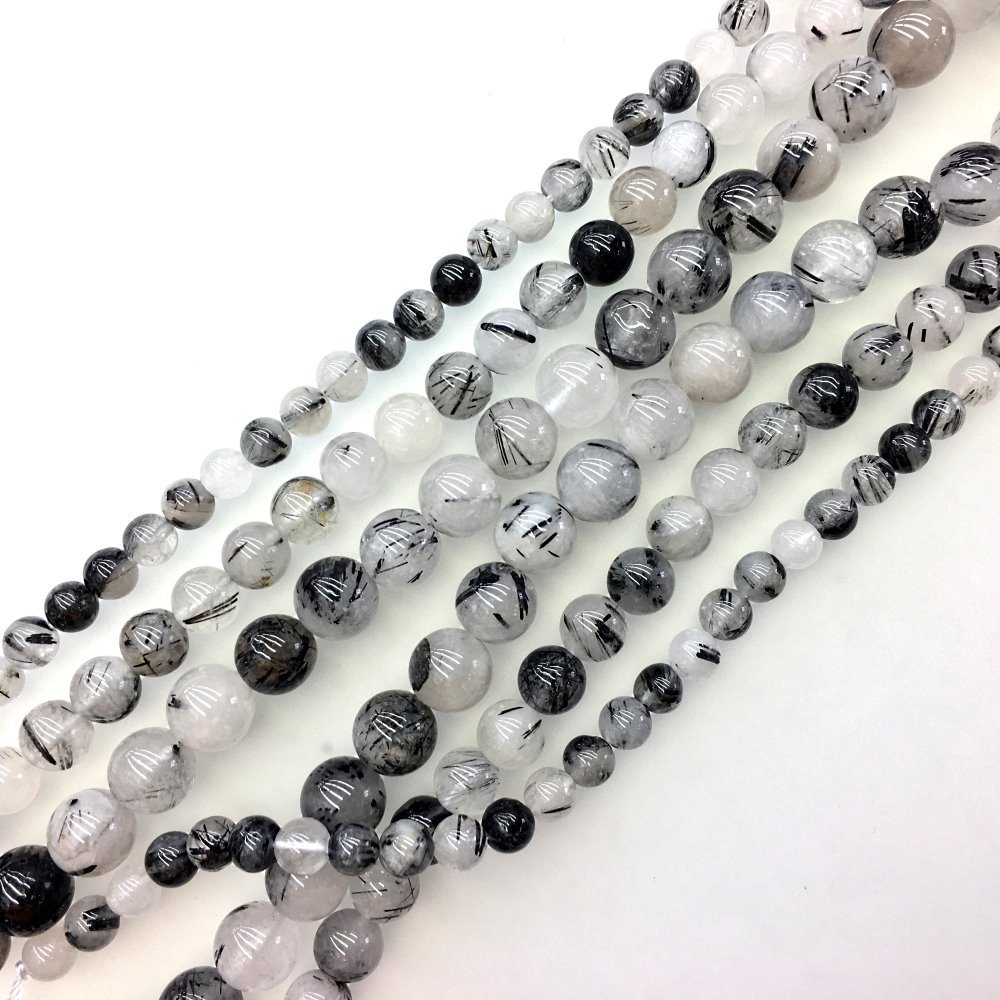 12mm Smooth Round, Black Rutilated Quartz Beads (16