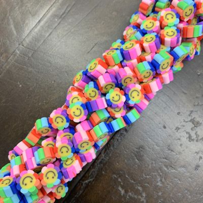 Polymer Clay Beads, Rainbow Smiley Face Flowers (16" Strand)