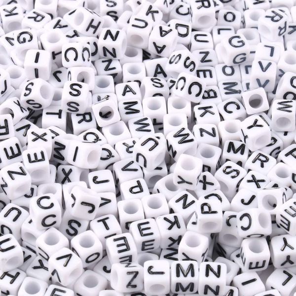 Alphabet Beads, Assorted Letters, 6mm Cube, White With Black Letters (250 Pieces)