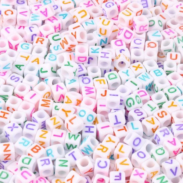 Alphabet Beads, Assorted Letters, 6mm Cube, White With Multicolor Letters (250 Pieces)