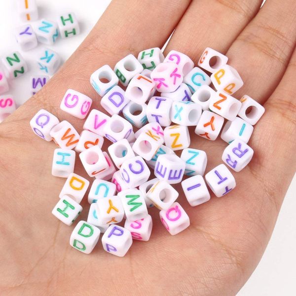 Alphabet Beads, Assorted Letters, 6mm Cube, White With Multicolor Letters (250 Pieces)