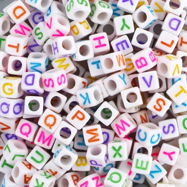 Alphabet Beads, Assorted Letters, 6mm Cube, White With Multicolor Letters (250 Pieces)