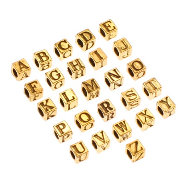Alphabet Cube Beads, Pewter, 5.5mm w/ 3mm hole, Antique Gold (Choose Letter) (Each)
