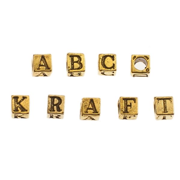 Alphabet Cube Beads, Pewter, 5.5mm w/ 3mm hole, Antique Gold (Choose Letter) (Each)