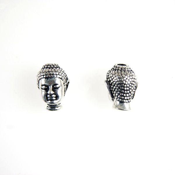 Buddha Head Beads - Antique Silver Plate - 9.5 x 13mm, 2.5mm Hole - (3 Pieces)