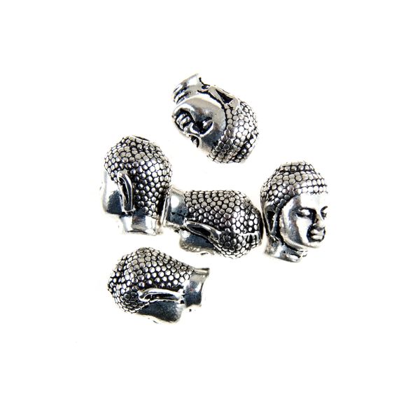 Buddha Head Beads - Antique Silver Plate - 9.5 x 13mm, 2.5mm Hole - (3 Pieces)