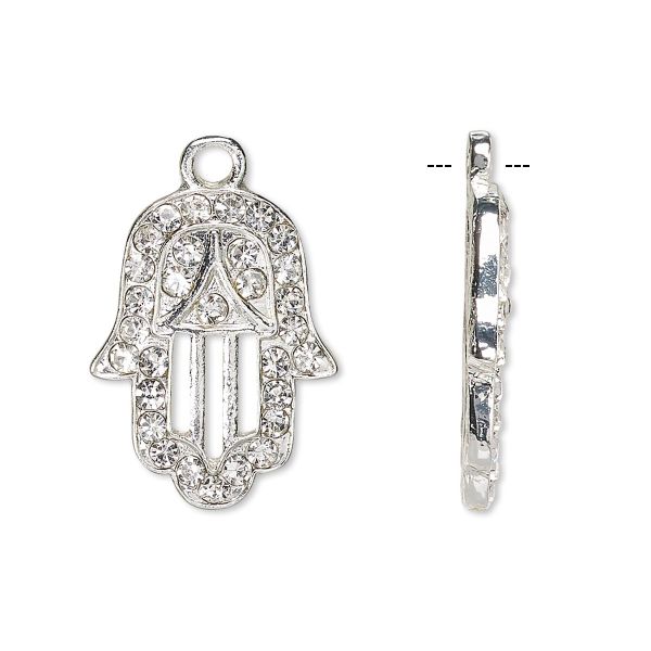 Hamsa/Fatima Hand Drop Charm, Czech Glass 2mm Rhinestone and Silver-Finished Pewter (Zinc-based alloy), 22x17mm Single-Sided (2 Pieces) 