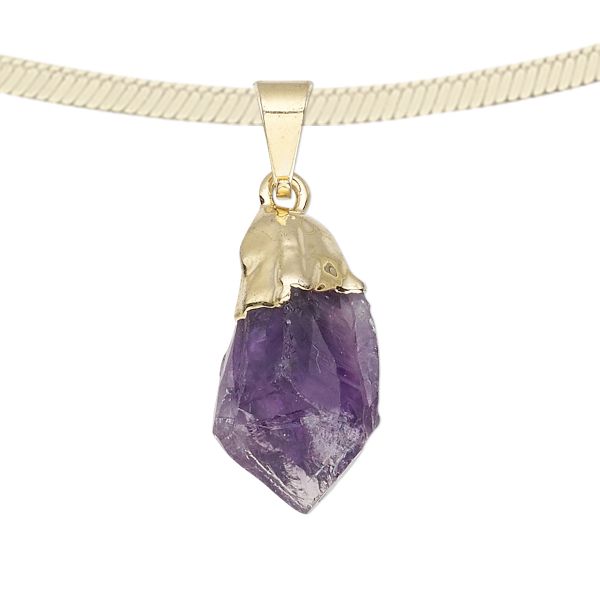 Natural Amethyst Pendant with Gold-Plated Brass and Copper, Hand Cut, 20x12mm-38x14mm (1 Piece) 