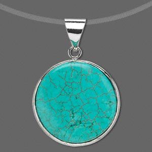 Flat Round Blue Magnesite Pendant, Dyed/Stabilized, Imitation Rhodium-finished Brass, Blue, 23mm (1 Piece) 