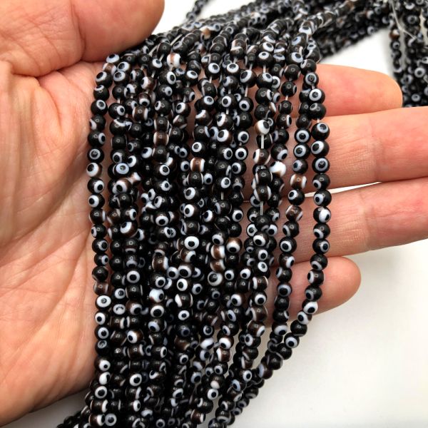 4mm Round Evil Eye Beads, Black (15