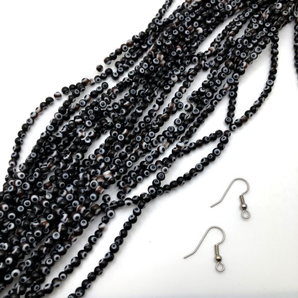 4mm Round Evil Eye Beads, Black (15