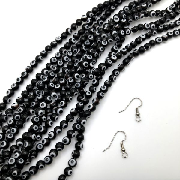 6mm Round Evil Eye Beads, Black (15