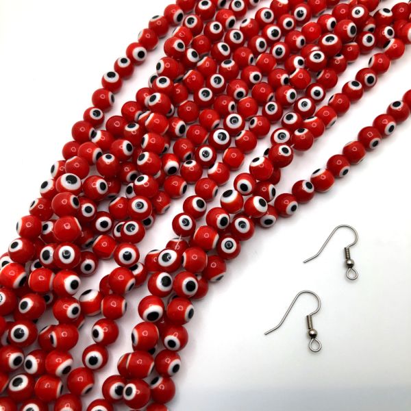 8mm Round Evil Eye Beads, Red (15