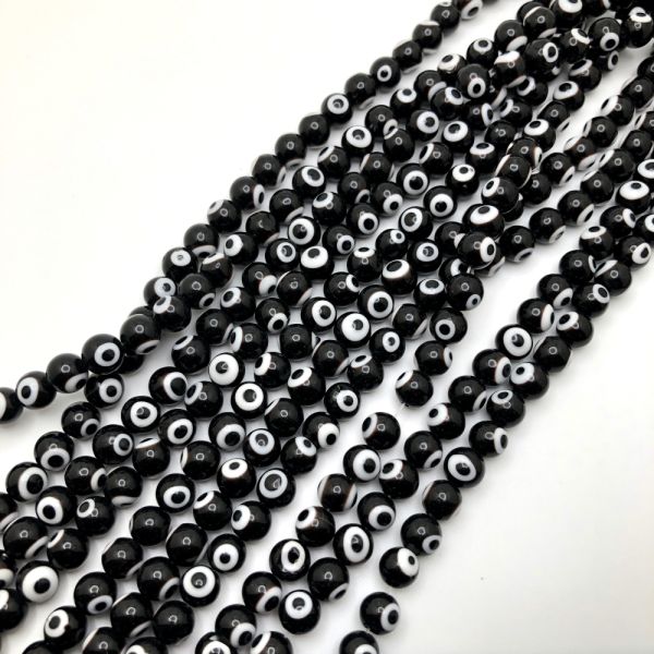 8mm Round Evil Eye Beads, Black (15