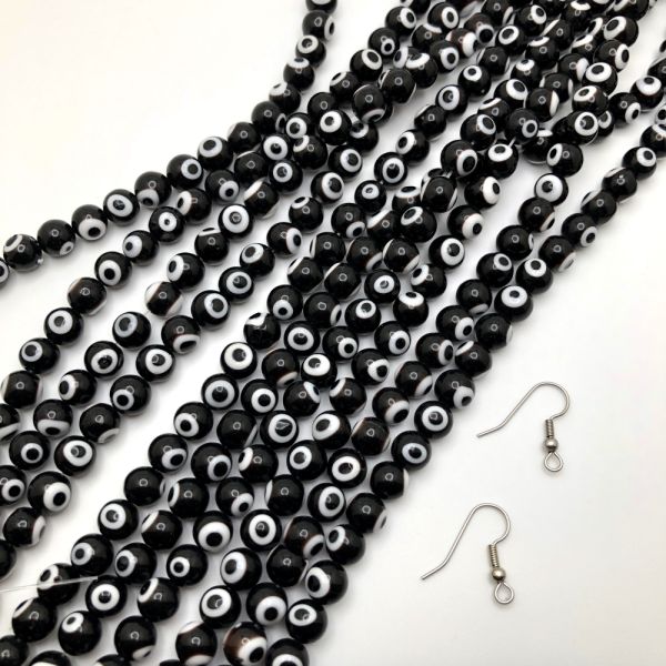 8mm Round Evil Eye Beads, Black (15