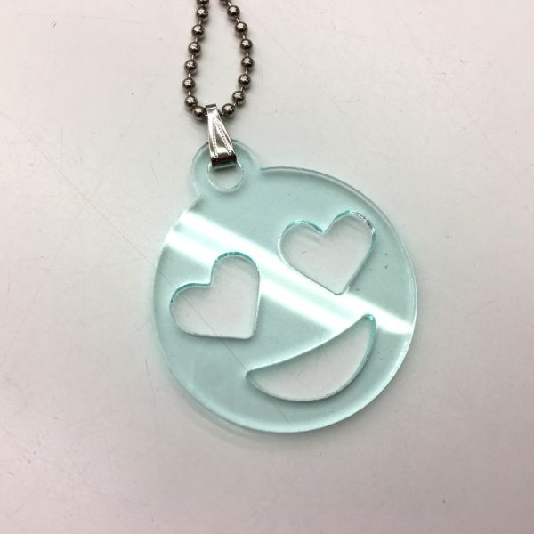 Acrylic Pendant, Green Tint, Smiling Emoji w/ Heart Eyes (Each)