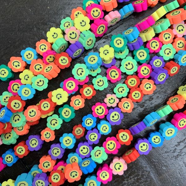 Polymer Clay Beads, Smiley Face Flowers, Mixed Colors (16
