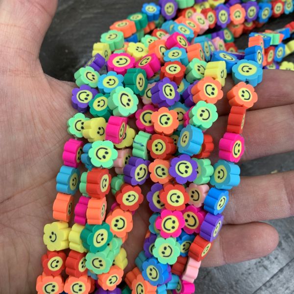 Polymer Clay Beads, Smiley Face Flowers, Mixed Colors (16
