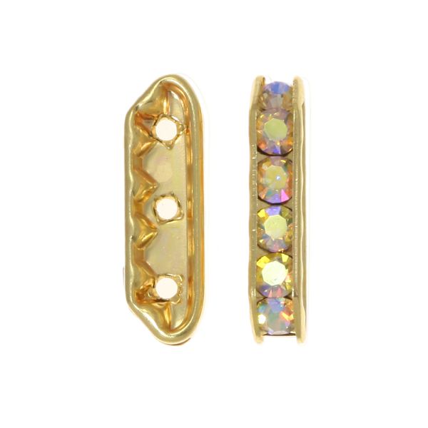 Rhinestone Spacer Bar, 3-Holes, 20x6mm Crystal AB/Gold (12 Pieces) 