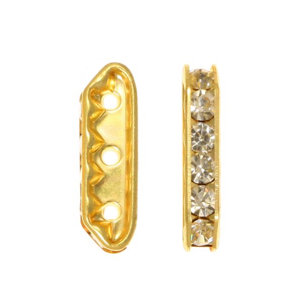 Rhinestone Spacer Bar, 3-Holes, 20x6mm, Crystal/Gold (12 Pieces) 