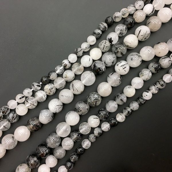 12mm Smooth Round, Black Rutilated Quartz Beads (16