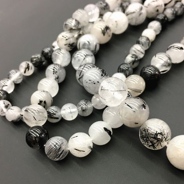 12mm Smooth Round, Black Rutilated Quartz Beads (16