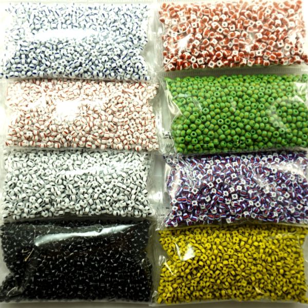 Czech Seed Beads, Striped, Size 6/0 -  White with Red & Brown Stripes (Approx. 60 Grams)