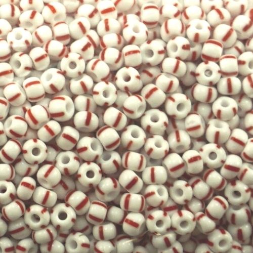 Czech Seed Beads, Striped, Size 6/0 -  White with Red Stripe (Approx. 60 Grams)
