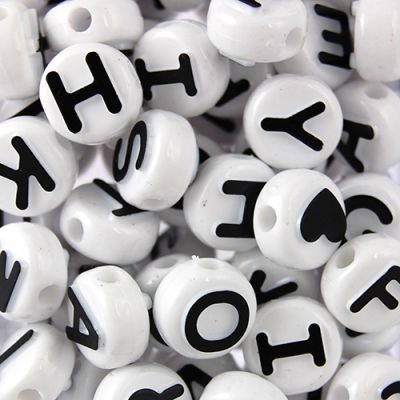 Assorted Letter Beads, 10mm Round, White with Black Letters (500 Pieces)