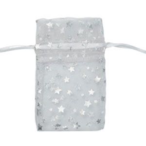 Organza Drawstring Pouch White w/ Silver Star-3 x 4" (12 Pieces)