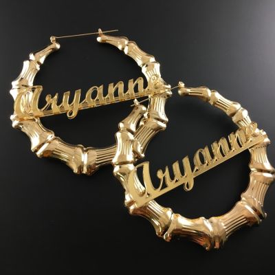 CUSTOM PERSONALIZED: Gold-Plated Bamboo Earrings with Customized Acrylic Script Text (Each Pair)
