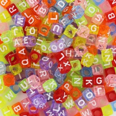 Alphabet Beads, Assorted Letters, 6mm Cube, Transparent Multicolor With White Letters (250 Pieces)