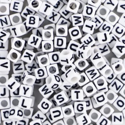Alphabet Beads, Assorted Letters, 6mm Cube, White With Black Letters (250 Pieces)