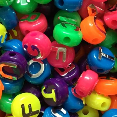 Assorted Letter Beads, 10mm Round, Neon Multi-Color with Silver Letters (500 Pieces)