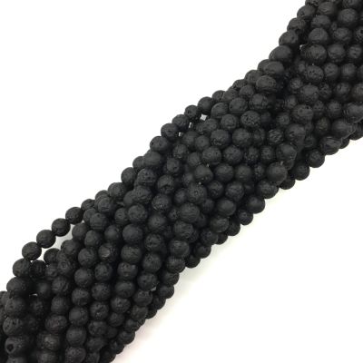 6mm Round, Natural Black Lava Beads, Volcanic Rock (16" Strand)