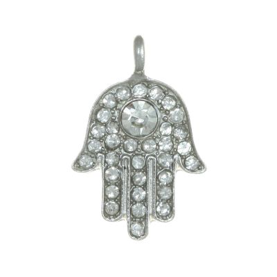 Hamsa Charm with Rhinestones, 24x15mm, Silver (12 Pieces)