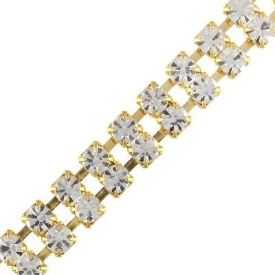 2 Row Rhinestone Cup Chain, Crystal Stone and Gold Setting (Per Yard)
