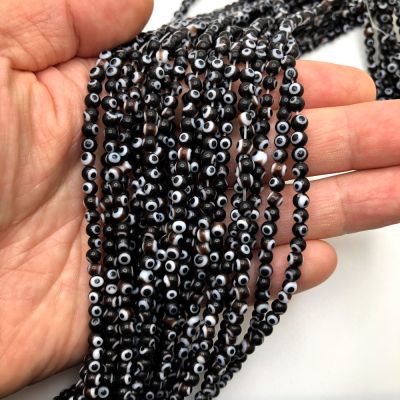 4mm Round Evil Eye Beads, Black (15" Strand)