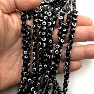 6mm Round Evil Eye Beads, Black (15" Strand)