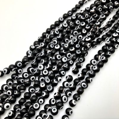 8mm Round Evil Eye Beads, Black (15" Strand)