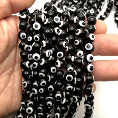 8mm Round Evil Eye Beads, Black (15" Strand)
