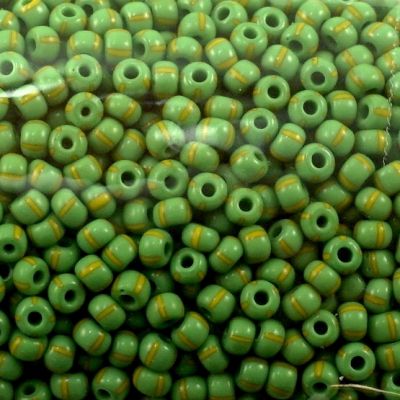 Czech Seed Beads, Striped, Size 6/0 -  Green with Yellow Stripes (Approx. 60 Grams)