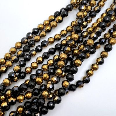 8mm Round Faceted Half-Gold Black Agate (16" Strand)