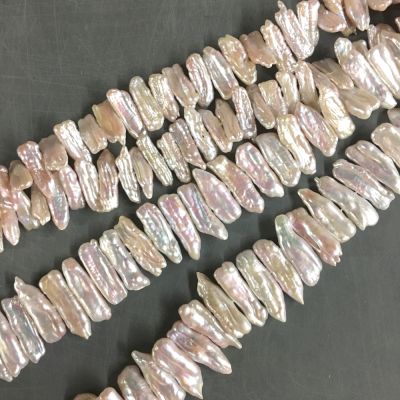 Freshwater Pearls, Flat Biwa Stick Shaped, Center-Drilled, Natural Peach Color, Approx. 10x25mm (16" Strand)