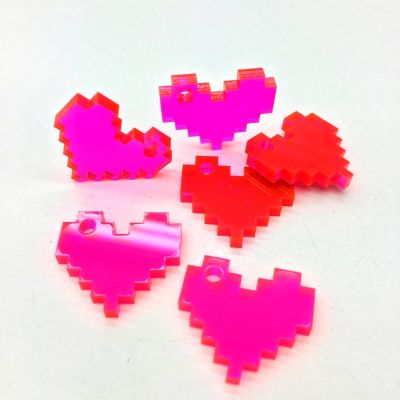 Acrylic Charm, Florescent Red, Small Pixel Heart (4 Pieces)