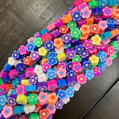 Polymer Clay Beads, Flowers, Mixed Colors (16" Strand)